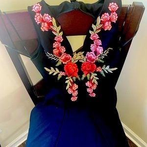 Forever 21 Black Floral VNeck Skater Dress with Heart Back Cut Out